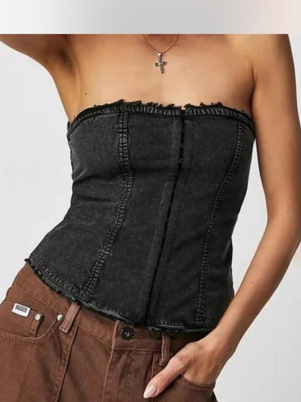 Free People Strapless Black Denim Corset Camisole Indie Sleeze Festival grunge S